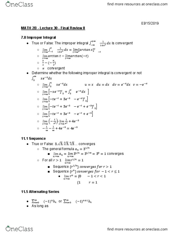 MATH 2B Lecture Notes - Lecture 30: Improper Integral, Taylor Series cover image