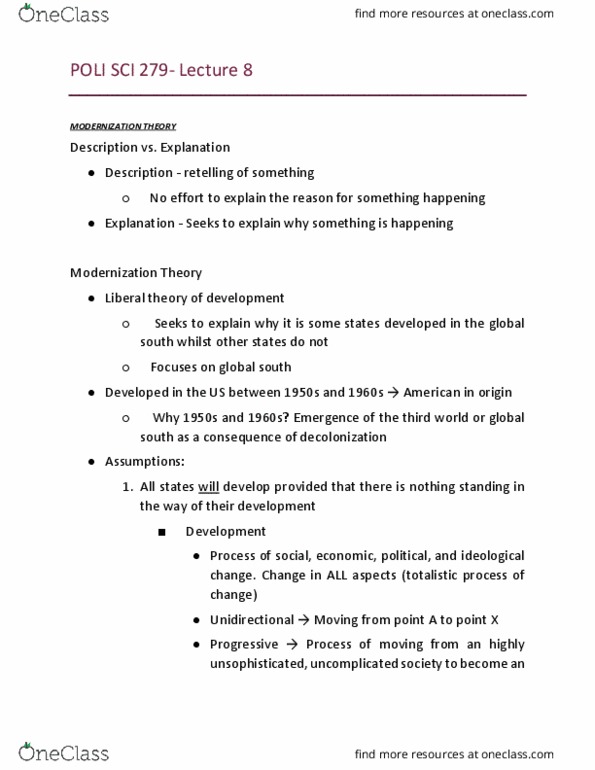 POLI 279 Lecture Notes - Lecture 8: Modernization Theory, World Trade Organization, Group Of 77 thumbnail