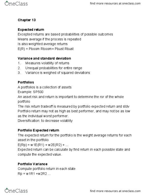 FIN 302 Lecture Notes - Lecture 19: Squared Deviations From The Mean, Expected Return, Standard Deviation cover image