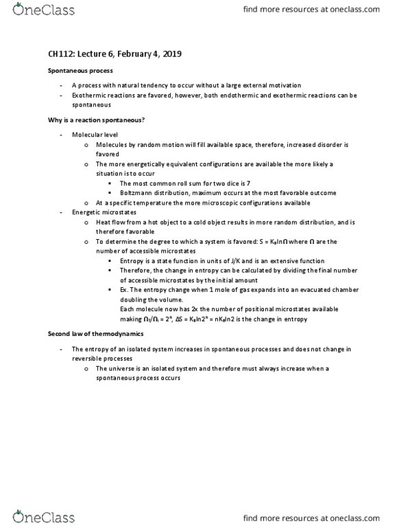 CAS CH 112 Lecture Notes - Lecture 6: Boltzmann Distribution, Spontaneous Process thumbnail