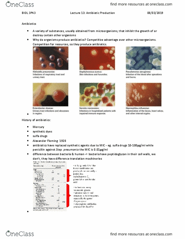 BIOL 3P43 Lecture Notes - Lecture 30: Antibiotics, Competitive Advantage, Peptidoglycan thumbnail