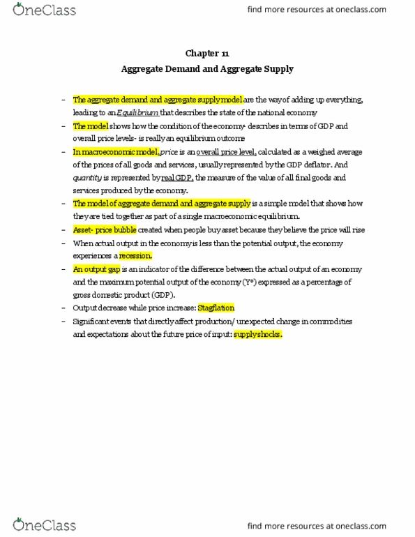 ECO100Y5 Lecture Notes - Lecture 11: Gdp Deflator, Aggregate Supply, Aggregate Demand thumbnail