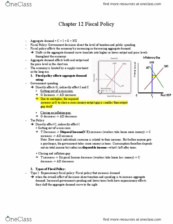 ECO100Y5 Lecture Notes - Lecture 12: Fiscal Policy, Aggregate Demand, Output Gap thumbnail
