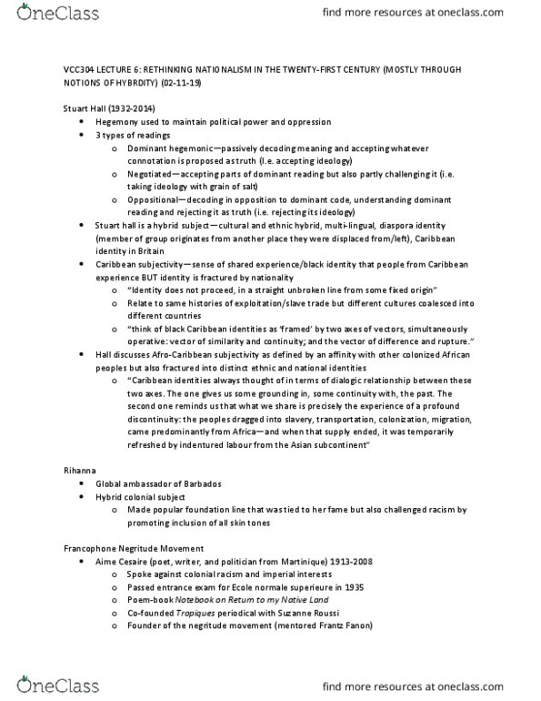 VCC304H5 Lecture Notes - Lecture 6: École Normale Supérieure, Frantz Fanon, Indentured Servant thumbnail