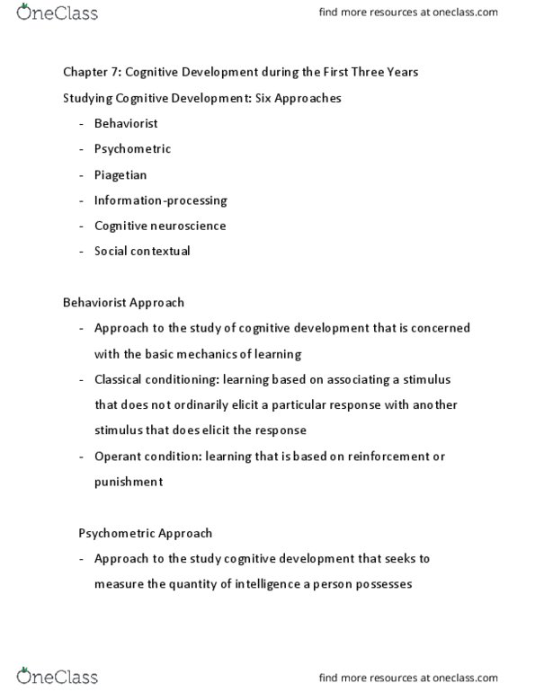 FSW 245 Lecture Notes - Lecture 7: The First Three Years, Cognitive Neuroscience, Classical Conditioning thumbnail