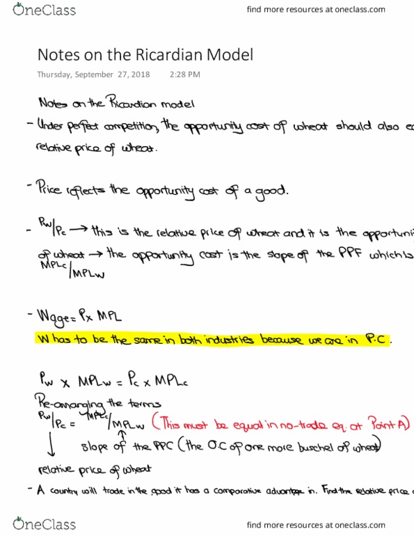 Economics 2167A/B Lecture 2: Notes on the Ricardian Model thumbnail