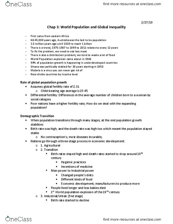 SOCI 249 Lecture Notes - Lecture 3: Malaria, Endangerment, Infant Mortality thumbnail