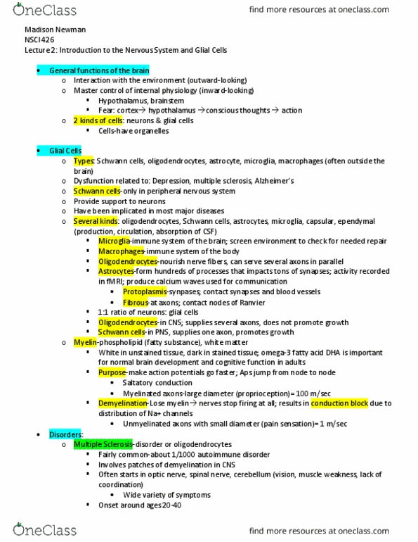 NSCI426 Lecture Notes - Lecture 2: Glioblastoma Multiforme, Neuroglia, Schwann Cell thumbnail