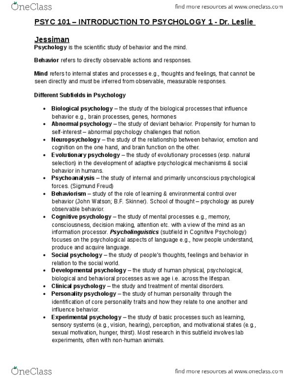PSYC 101 Lecture Notes - Critical Thinking, Personality Psychology, Monism thumbnail