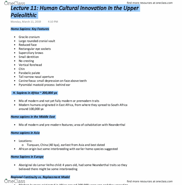 ANT101H5 Lecture Notes - Lecture 11: Cranial Vault, Upper Paleolithic, Mastoid Part Of The Temporal Bone thumbnail