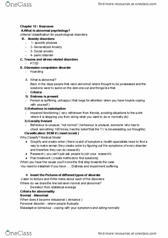 PSYC 1010 Lecture Notes - Lecture 38: Obsessive–Compulsive Disorder, Panic Disorder, Abnormal Psychology thumbnail