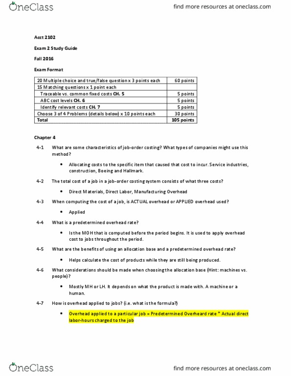 HIST 1402 Lecture Notes - Lecture 5: Fixed Cost, Multiple Choice, Activity-Based Costing thumbnail