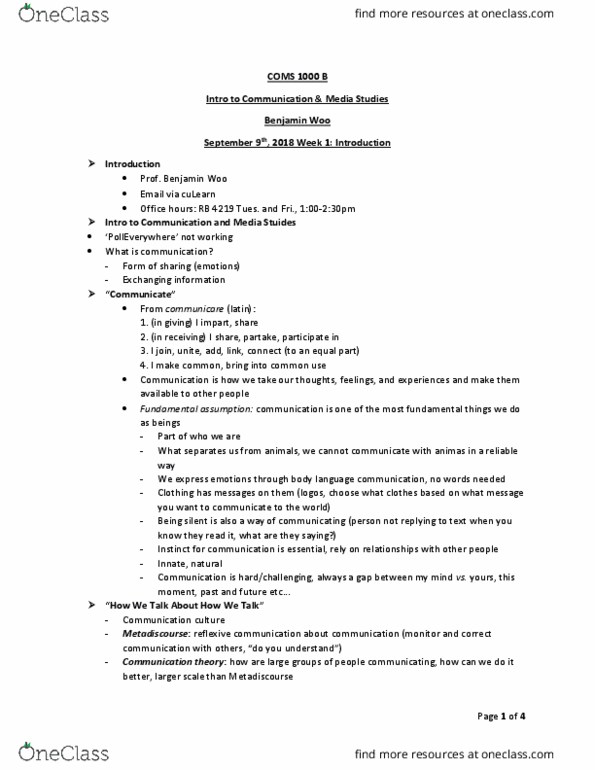 COMS 1000 Lecture Notes - Lecture 1: Discussion Group, Socratic Dialogue, Body Language thumbnail