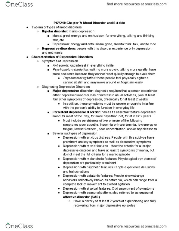 PSY240H1 Chapter Notes - Chapter 7: Psychomotor Agitation, Major Depressive Episode, Seasonal Affective Disorder thumbnail