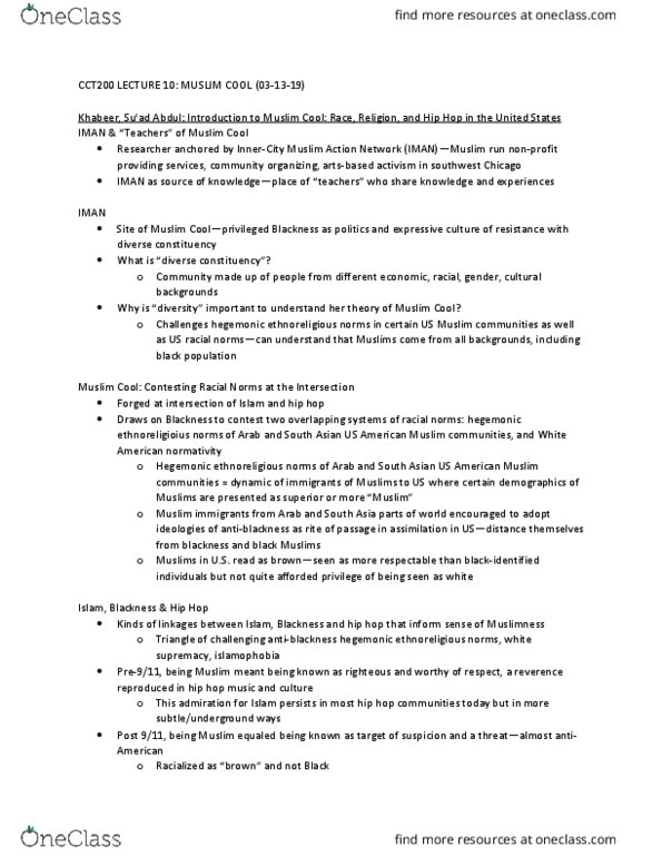 CCT200H5 Lecture Notes - Lecture 10: Islamophobia, Community Organizing, Racialization thumbnail