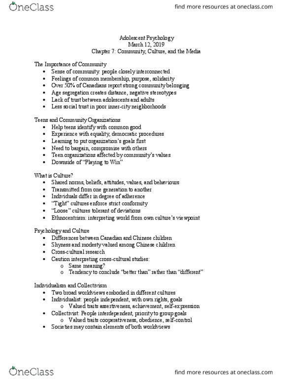 PSYCH 3AB3 Lecture Notes - Lecture 21: Age Segregation, Shyness, Collectivism thumbnail