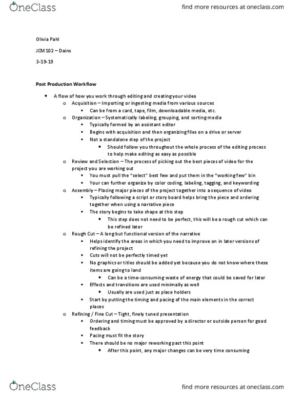 JCM 102 Lecture Notes - Lecture 14: Workflow, Color Grading thumbnail