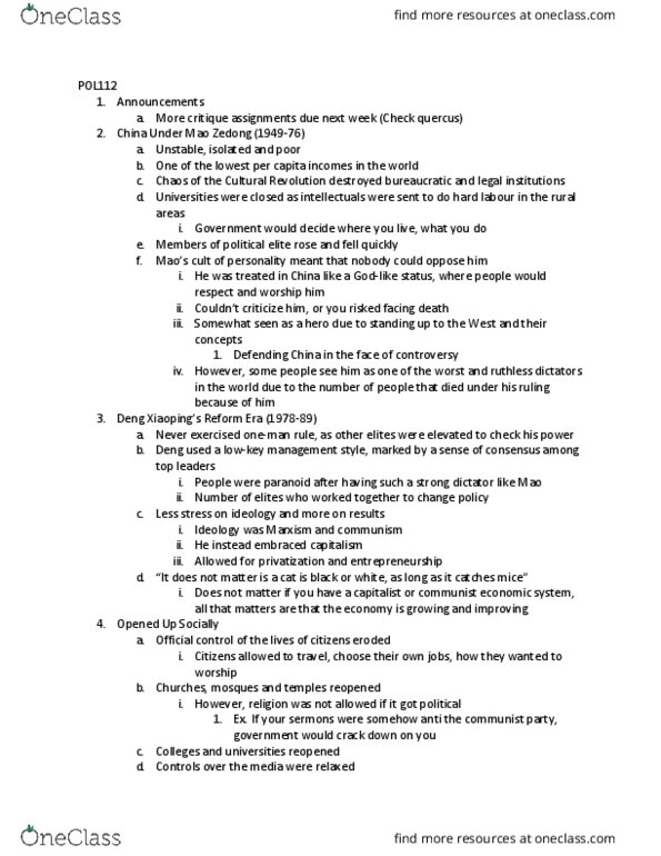 POL112H5 Lecture Notes - Lecture 7: Deng Xiaoping, Mao Zedong, Mao Ii thumbnail