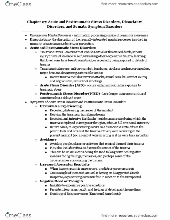 L33 Psych 354 Chapter Notes - Chapter 7: Acute Stress Reaction, Dissociative Identity Disorder, Dissociative Disorder thumbnail