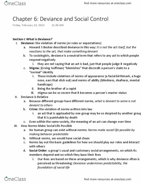 SOCA 101 Chapter Notes - Chapter 6: Erving Goffman, Birthmark, Labeling Theory thumbnail