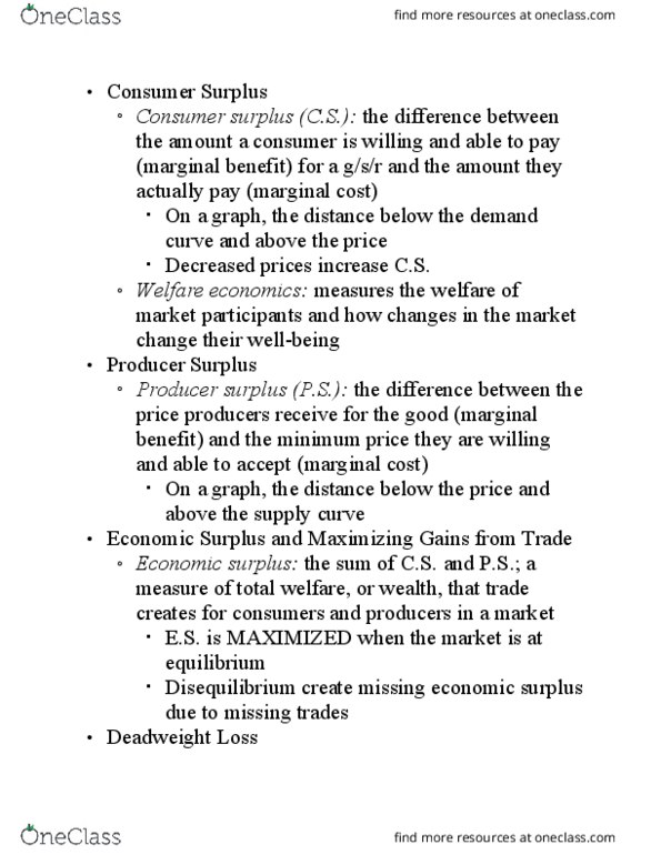 EC 201 Chapter Notes - Chapter 5: Economic Surplus, Deadweight Loss, Marginal Utility thumbnail