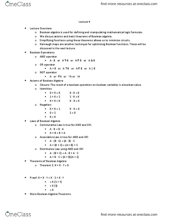 CSC 3100 Lecture Notes - Lecture 4: Maurice Karnaugh, Mathematical Logic, Nand Logic thumbnail