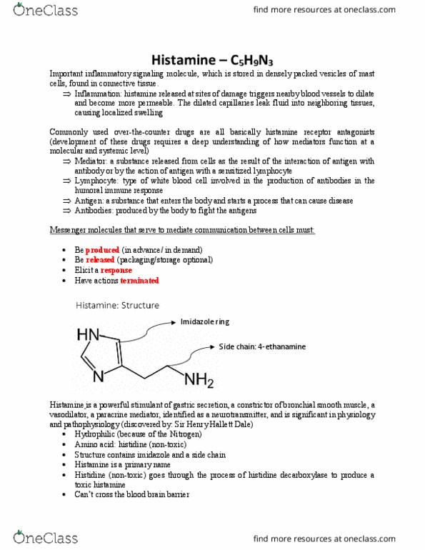 HTHSCI 1I06 Lecture Notes - Lecture 2: Histidine Decarboxylase, Histamine Receptor, Imidazole thumbnail