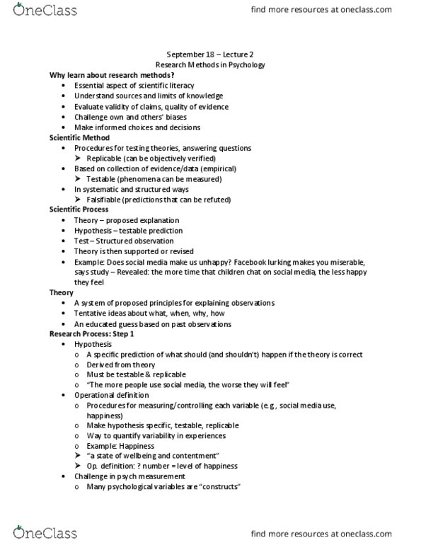 PSYC 1020H Lecture Notes - Lecture 2: Scientific Literacy, Statistical Hypothesis Testing, Operational Definition thumbnail