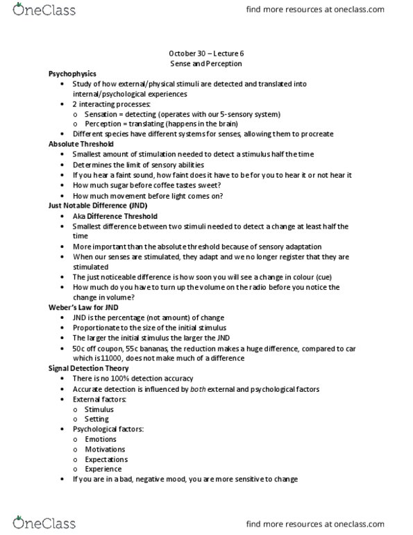 PSYC 1020H Lecture Notes - Lecture 6: Detection Theory, Absolute Threshold, Neural Adaptation thumbnail