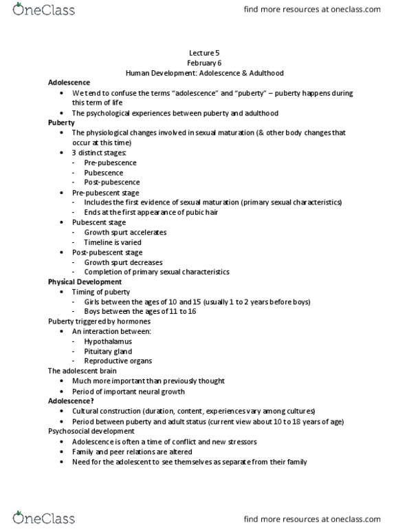 PSYC 1030H Lecture Notes - Lecture 5: Sex Organ, Pubic Hair, Pituitary Gland thumbnail