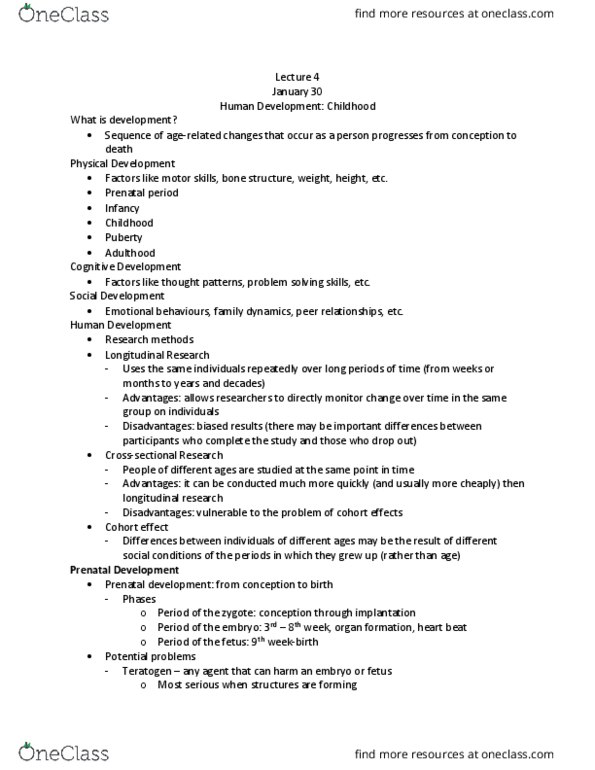 PSYC 1030H Lecture Notes - Lecture 4: Prenatal Development, Teratology, Fetus thumbnail