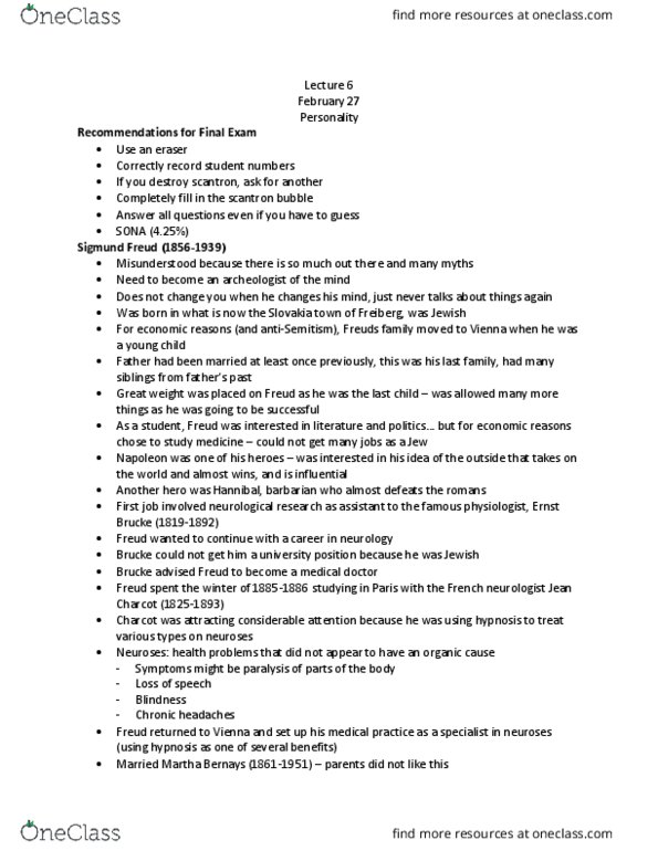 PSYC 1030H Lecture Notes - Lecture 6: Martha Bernays, Scantron Corporation, Neurology thumbnail