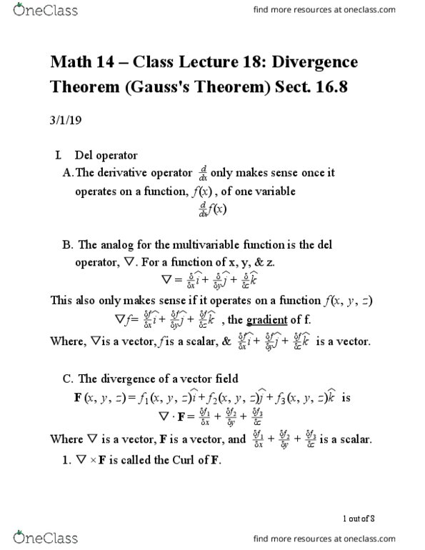 MATH 14 Lecture Notes - Lecture 18: Divergence Theorem, Del, Joule thumbnail