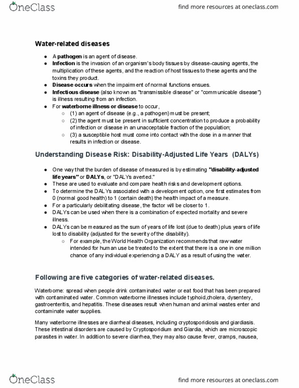 ENVS 65 Lecture Notes - Lecture 3: Waterborne Diseases, World Health Organization, Disability-Adjusted Life Year thumbnail