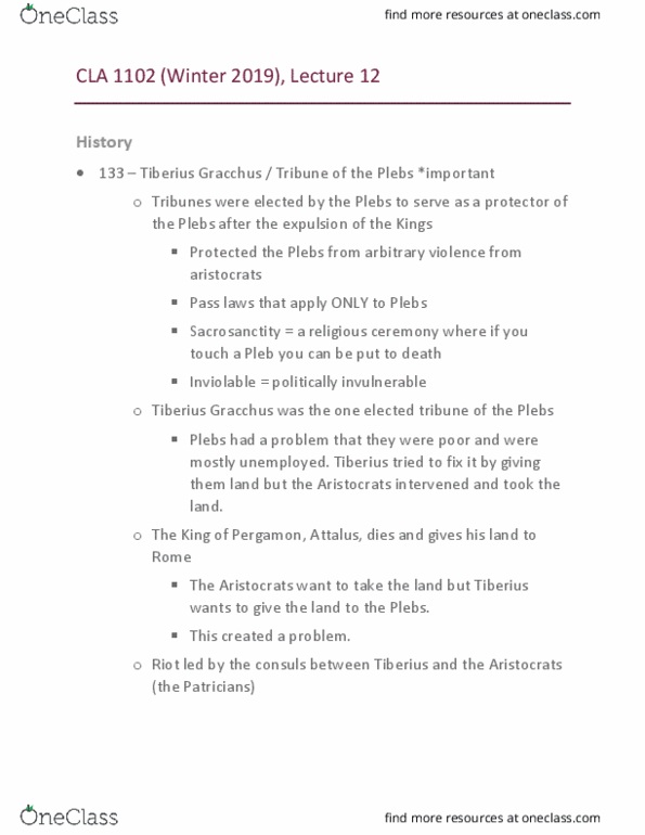 CLA 1102 Lecture Notes - Lecture 12: Plebs, The Consul, Pass Laws thumbnail