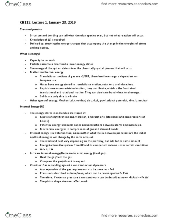 CAS CH 112 Lecture Notes - Lecture 1: Kinetic Energy, Libration, Internal Energy thumbnail