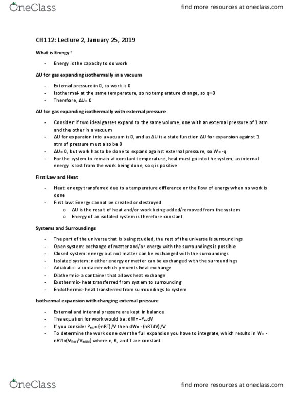 CAS CH 112 Lecture Notes - Lecture 2: Isothermal Process, Isolated System, Exothermic Process thumbnail