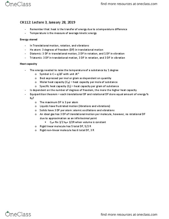 CAS CH 112 Lecture Notes - Lecture 3: Equipartition Theorem, Heat Capacity, Ideal Gas thumbnail