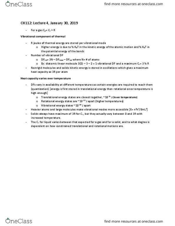 CAS CH 112 Lecture Notes - Lecture 4: Rotational Energy, Heat Capacity thumbnail