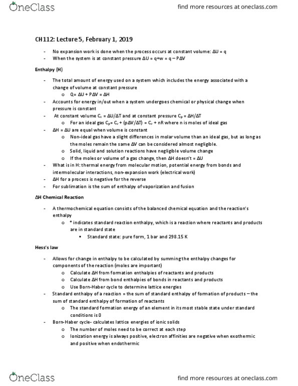 CAS CH 112 Lecture Notes - Lecture 5: Lattice Energy, Molar Volume, Ideal Gas thumbnail