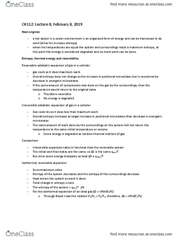 CAS CH 112 Lecture Notes - Lecture 8: Adiabatic Process, Isothermal Process, Ideal Gas thumbnail