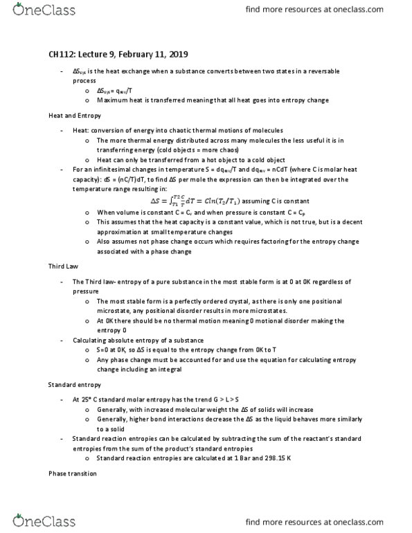 CAS CH 112 Lecture Notes - Lecture 9: Standard Molar Entropy, Phase Transition thumbnail