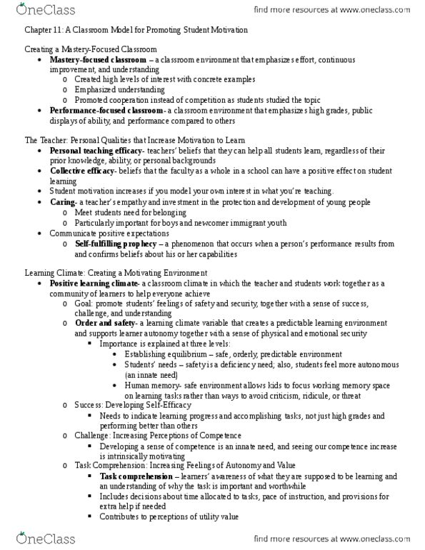 EDPSY 014 Chapter Notes - Chapter 11: Learner Autonomy, Motivation, Personalization thumbnail