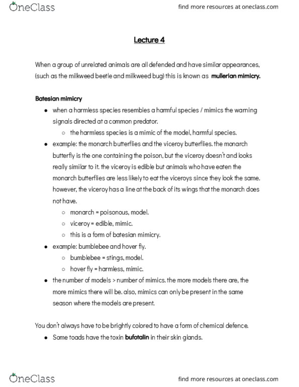 BIOL 1902 Lecture Notes - Lecture 4: Monarch Butterfly, Hoverfly, Cottontail Rabbit thumbnail