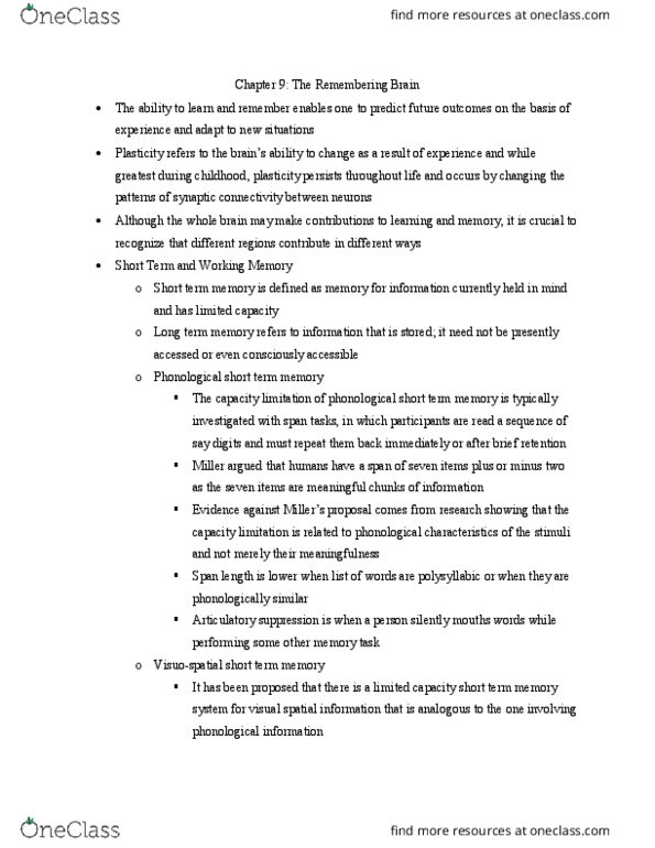 PSY 32400 Chapter Notes - Chapter 9: Visual Short-Term Memory, Short-Term Memory, Long-Term Memory thumbnail