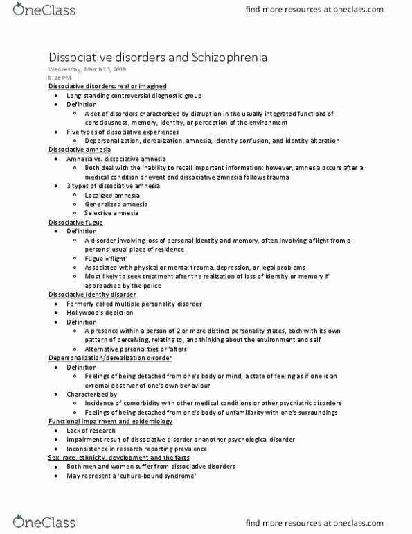 Psychology 2030A/B Lecture Notes - Lecture 6: Fugue State, Dissociative Identity Disorder, Psychogenic Amnesia thumbnail