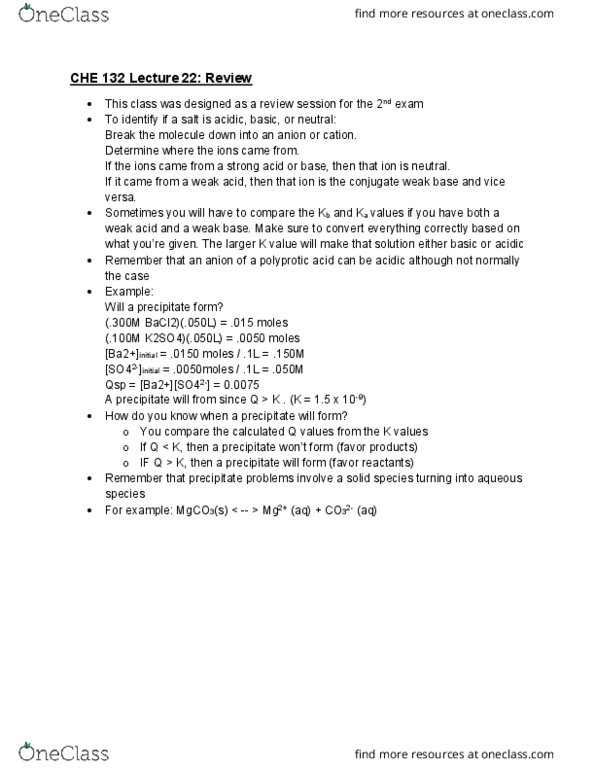 CHE 132 Lecture Notes - Lecture 25: Chemical Species, Barium Chloride, Weak Base cover image