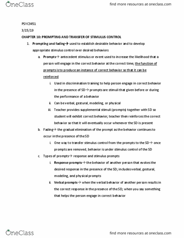 PSYC 3451 Lecture Notes - Lecture 18: Stimulus Control, Classical Conditioning, Reinforcement thumbnail