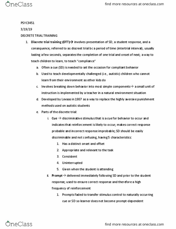 PSYC 3451 Lecture Notes - Lecture 19: Discrete Trial Training, Stimulus Control, Language Processing In The Brain thumbnail