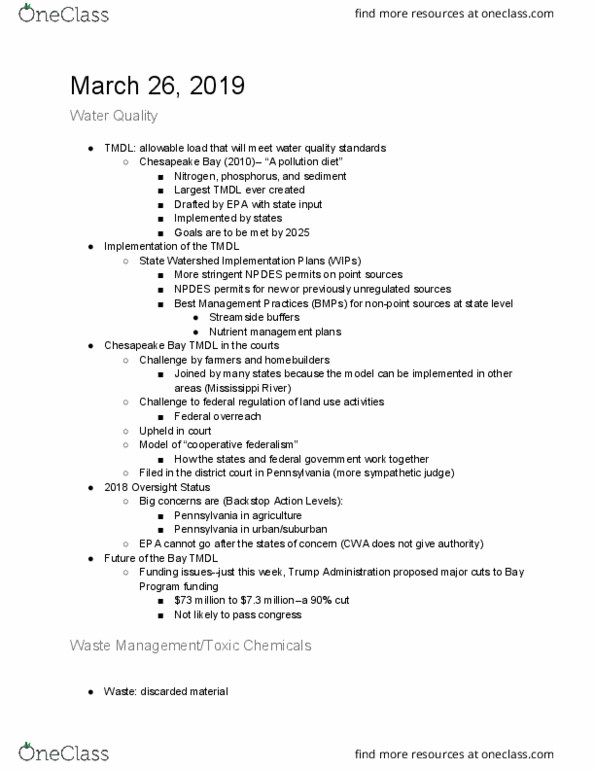 ENSP 102 Lecture Notes - Lecture 13: Clean Water Act, Nutrient Management, Cooperative Federalism thumbnail